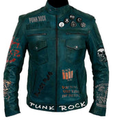 Slim Fit Punk Jacket – Green Leather with Jersey Devil & Beast of Gévaudan Patches, Custom Gothic Moto Style